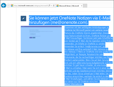Screenshot einer Webseite mit ausgewähltem Textteil zum Kopieren.