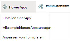Abbildung des Menüs "Power Apps" mit ausgewählter Option "App erstellen"