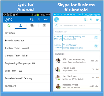 Nebeneinander angeordnete Screenshots von Lync und Skype for Business