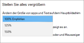 Windows-Seite "Anzeigeeinstellungen" unter "Einstellungen für erleichterte Bedienung", die die Option "Alles vergrößern" mit erweitertem Dropdownmenü anzeigt.