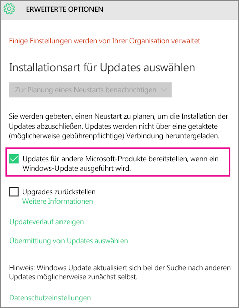 "Erweiterte Optionen" von Windows Update