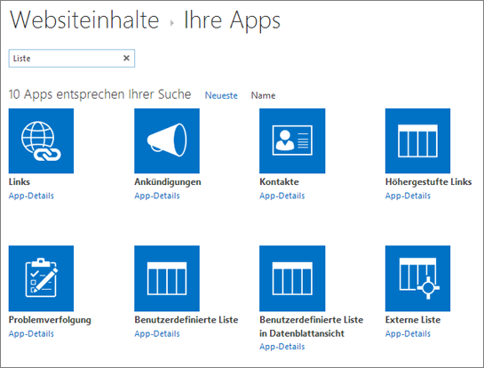 Listen-Apps auf der Seite 'Websiteinhalte'