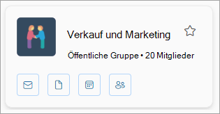 Eine Gruppe Karte zeigt den Gruppennamen, die Anzahl der Mitglieder und symbole für E-Mails, Dateien, Kalender und Mitglieder an.