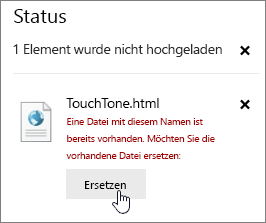 Dialogfeld "Upload fehlgeschlagen" mit hervorgehobener Schaltfläche "Ersetzen"