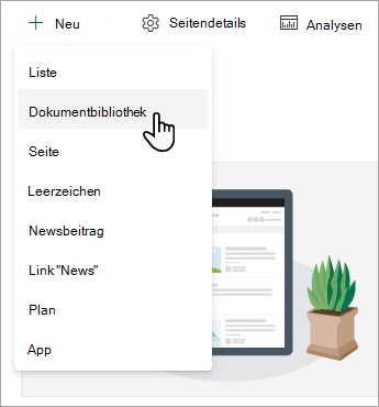 Um eine neue Dokumentbibliothek zu erstellen, wählen Sie Neu und dann Dokumentbibliothek aus.