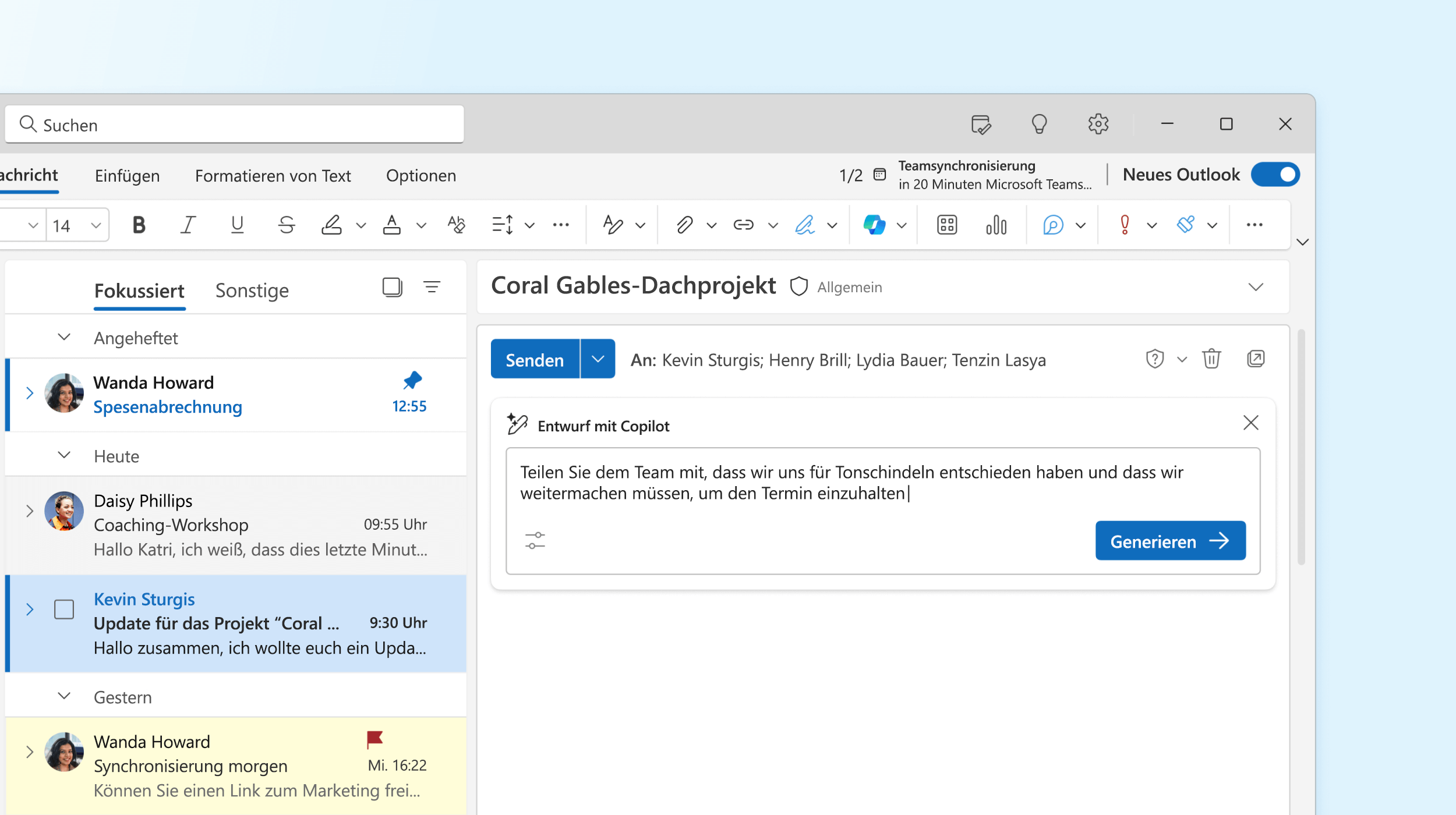 Screenshot: Copilot in Outlook beim Entwerfen einer E-Mail-Nachricht.