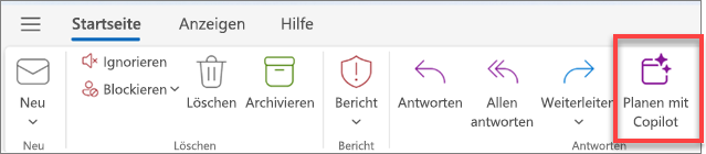 Zeigt die Outlook-Symbolleiste mit hervorgehobener Schaltfläche "Zeitplan mit Copilot" an.