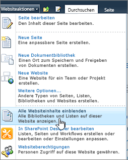 "Alle Websiteinhalte einblenden" im Menü "Websiteaktionen"