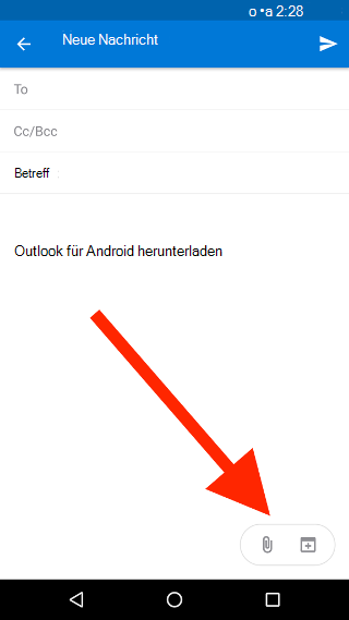 Büroklammersymbol in Outlook für Android zum Anhängen einer Datei
