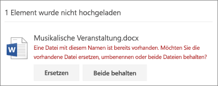 Fehler "Dateiname ist bereits vorhanden" in OneDrive Web-Benutzeroberfläche