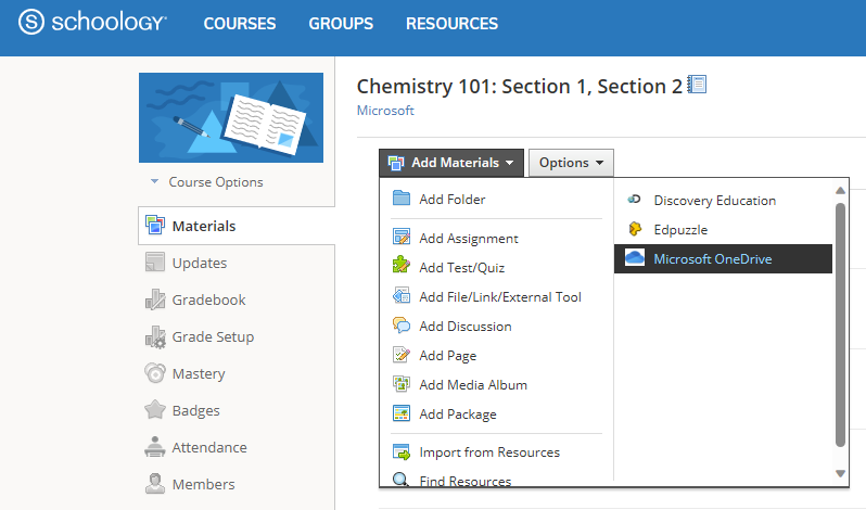 Fügen Sie ein OneDrive-Dokument an eine Liste der Schoologie-Kursmaterialien an.