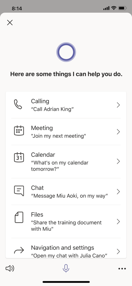 Die Cortana-Sprachunterstützung in Teams umfasst Anrufe, Nachrichten, Hilfe zur Besprechung und mehr.
