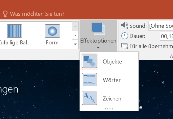 Zeigt Übergangseffektoptionen für den Übergang "Morphen" in PowerPoint 2016.