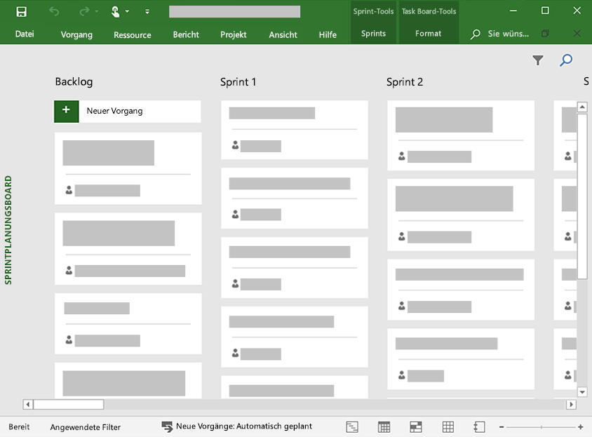 Screenshot eines Task Boards in Microsoft Project mit drei Spalten