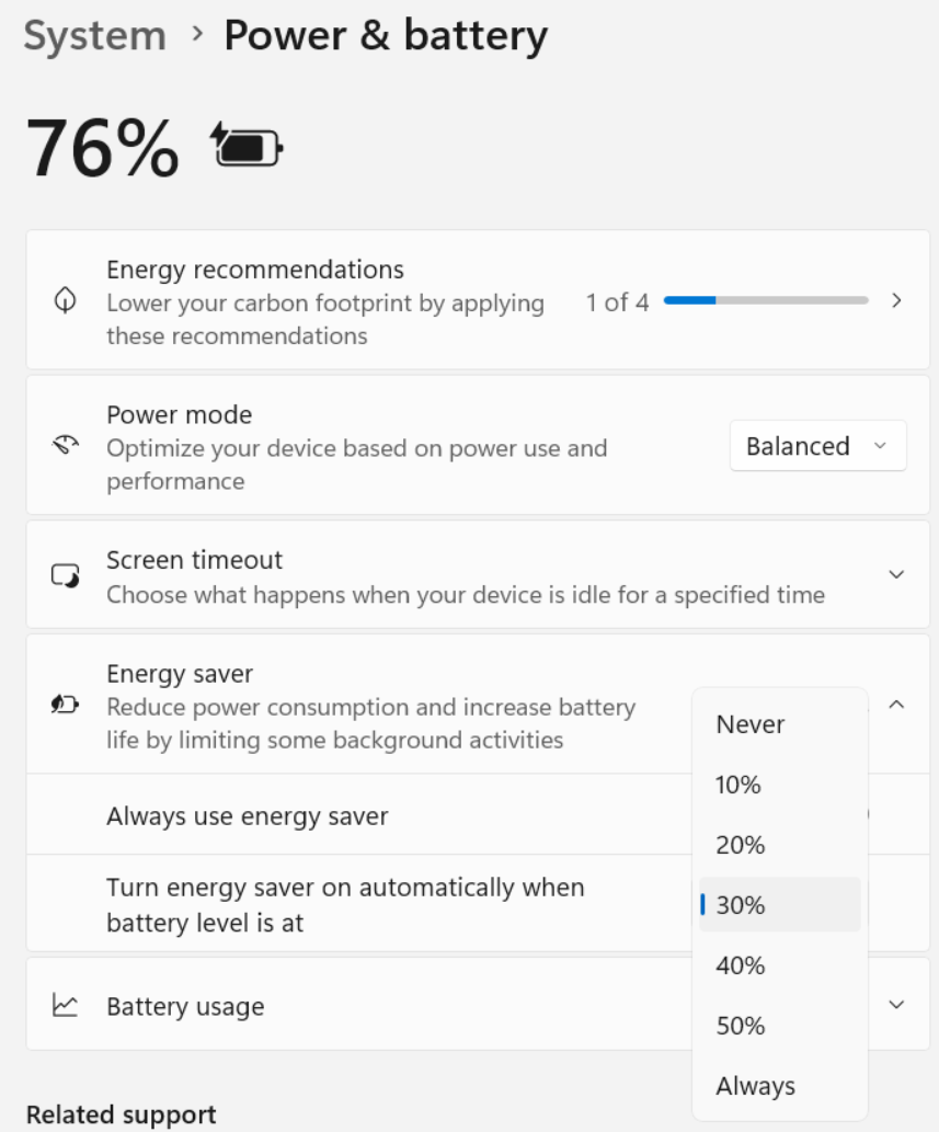 Screenshot: Einstellungen > System > Energie- und Akku-> Energiesparmodus