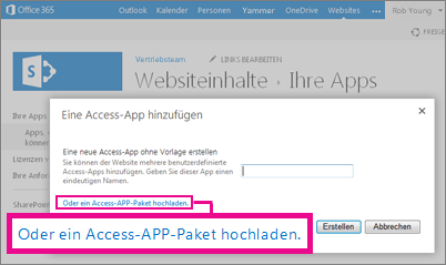 Hochladen eines Access-APP-Pakets auf die Seite 'App hinzufügen' auf einer SharePoint-Website