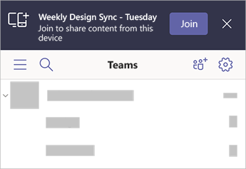 Ein Banner in Teams, das besagt, dass "Weekly Design Sync – Tuesday" in der Nähe ist – mit der Option von Ihrem mobilen Gerät aus teilzunehmen.