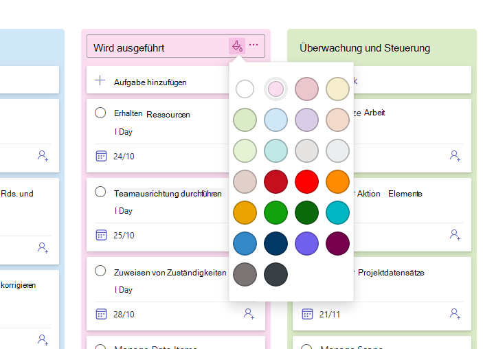 Die Farbauswahl für einen Bucket wurde geöffnet und zeigt 25 Farben zur Auswahl an.