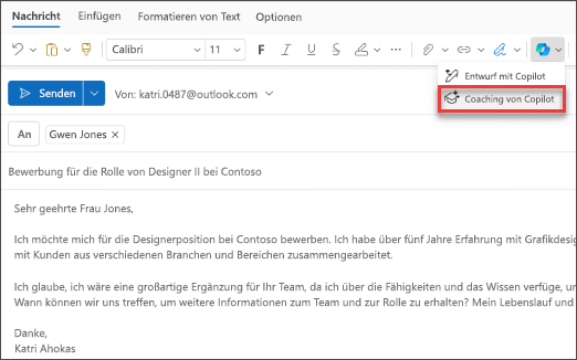 Menüoption für Coaching durch Copilot im neuen Outlook