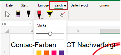 Screenshot des Menüs "Zeichnen" in Excel für das Web