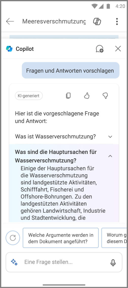 Screenshot von Copilot in Word auf einem Android-Gerät mit Antwortvorschlägen für Fragen und Antworten