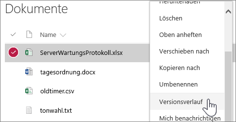 Kontextmenü „Dokumentbibliothek“ mit hervorgehobener Option „Versionsverlauf“
