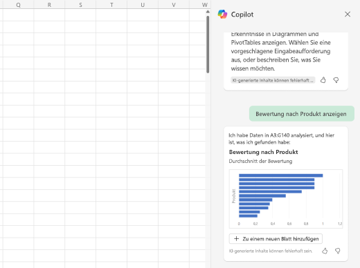 Bildschirmfoto, wie Copilot analysierte Daten in Diagrammen, Grafiken und Tabellen darstellen kann.