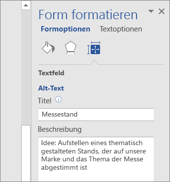 Screenshot des Bereichs "Alternativtext" im Bereich "Form formatieren" mit Beschreibung der ausgewählten Form