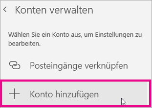 Auswählen von "Konto hinzufügen" im Menü "Konten verwalten"