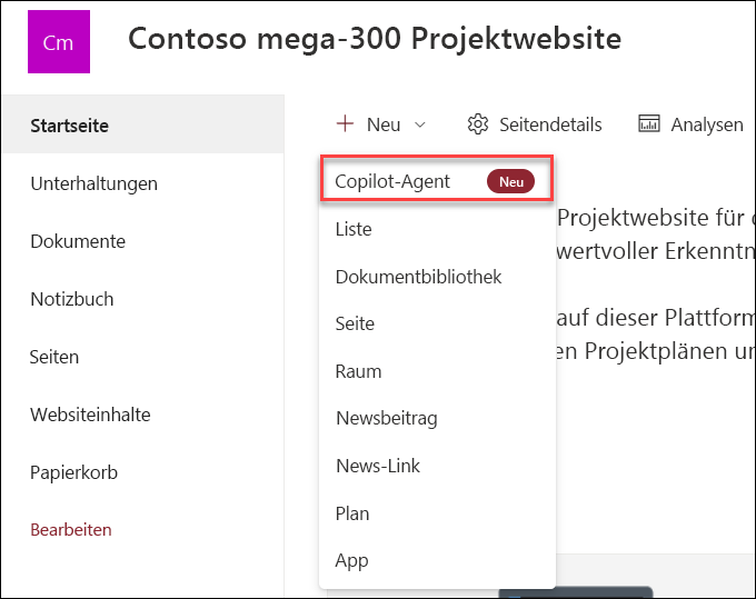 Der Screenshot der Erstellung eines neuen Copilot-Agents von der Startseite einer Website