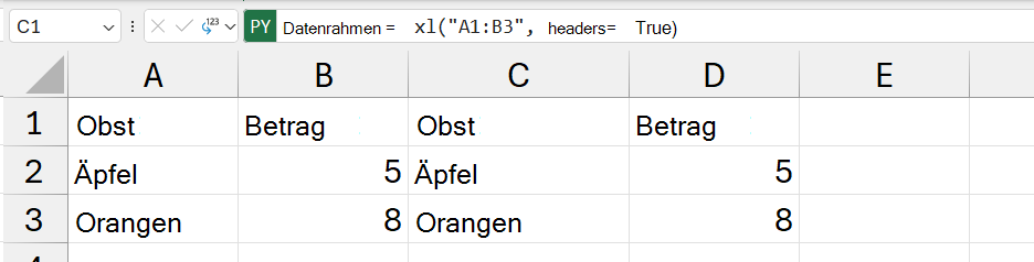 Der als Excel-Werte zurückgegebene DataFrame-Inhalt.