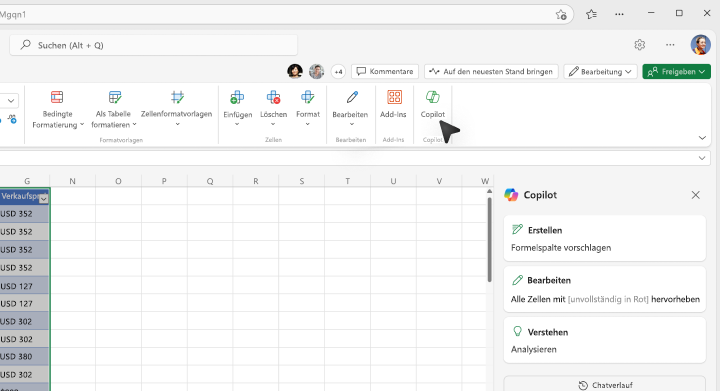 Bildschirmfoto, wo die Copilot-Schaltfläche im Excel-Menüband ausgewählt wird.