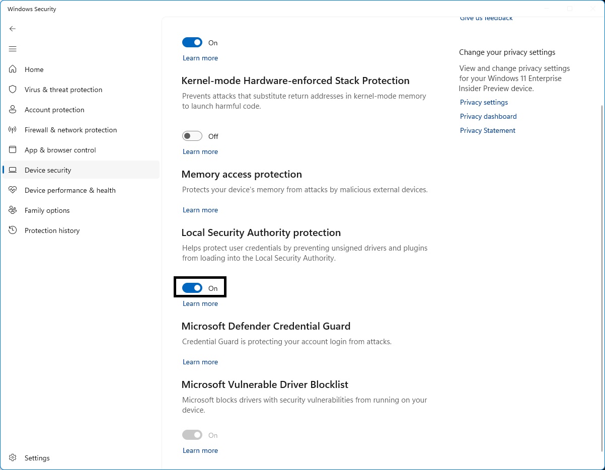 Steuern des LSA-Schutzes auf der Seite "Core Isolation" der Windows-Sicherheits-App