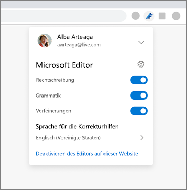 Microsoft Editor-Erweiterung mit Dropdownliste des Browsers mit Einstellungen für das Aktivieren und Deaktivieren von Optionen