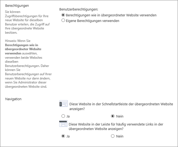 SharePoint 2016-Dialogfeld "Unterwebsite" mit Navigation und Abschnitt "Berechtigung"
