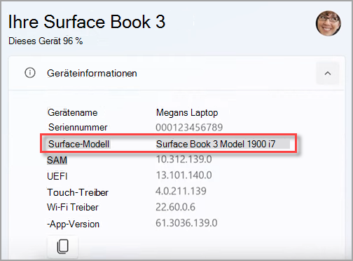 Suchen des Modellnamens Ihres Surface-Geräts in der Surface-App.