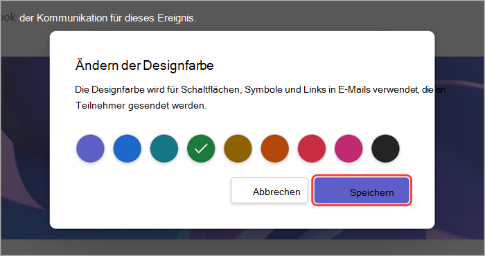 Screenshot der hervorgehobenen Benutzeroberfläche, der zeigt, wie man die Farbe des Themas einer Versammlung ändert