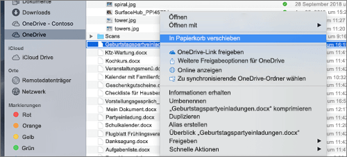 Klicken Sie mit der rechten Maustaste auf die Menüauswahl, um eine Datei aus OneDrive in Mac Finder zu löschen.