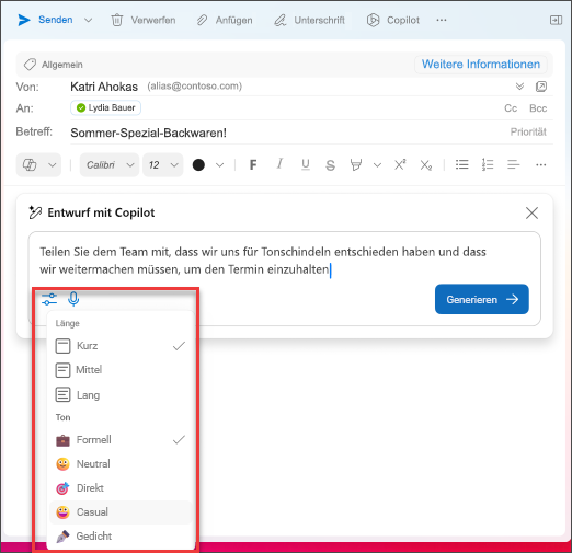 Optionen für Länge und Ton beim Verfassen von E-Mails in Outlook mit Copilot