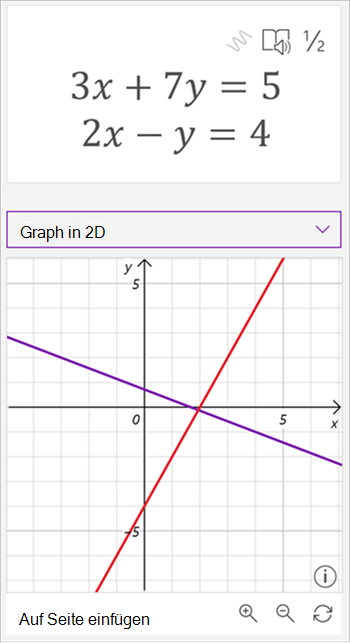 Screenshot des generierten Graphen des Mathematik-Assistenten, der die Formeln 3 x plus 7 y gleich 5 und 2 x minus y gleich 4 zeigt. Das Diagramm zeigt zwei sich überschneidende Linien, eine violette und eine rote.