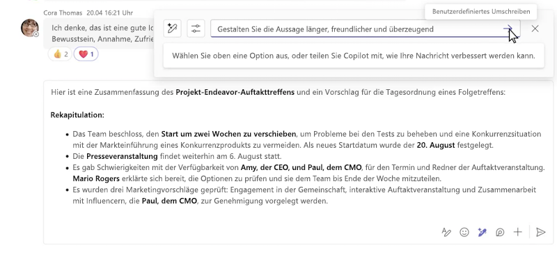 Benutzerdefiniertes Umschreiben einer Nachricht mit Copilot im Microsoft Teams-Chat.