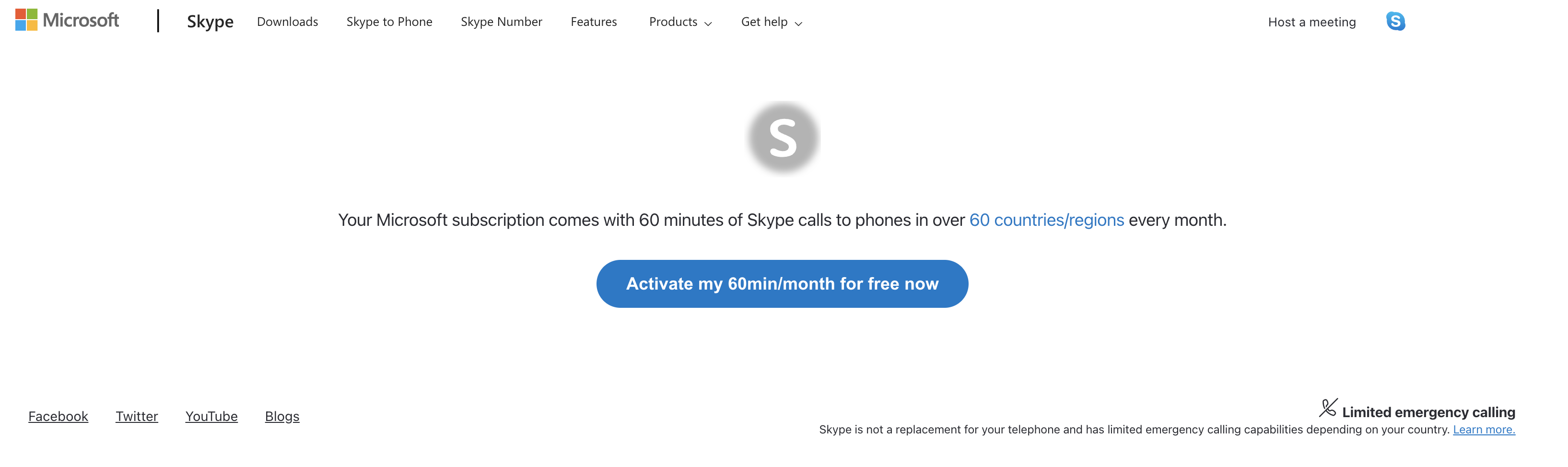 Webseite zum Aktivieren von kostenlosen 60 Minuten mit Skype