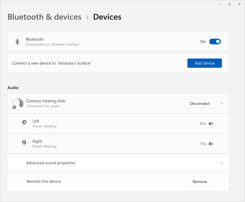 Screenshot der Einstellungen > Bluetooth-&-Geräten mit den Details zu Hörgeräten.