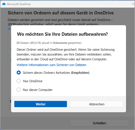 Sicherung von OneDrive, Screenshot eins, Version drei