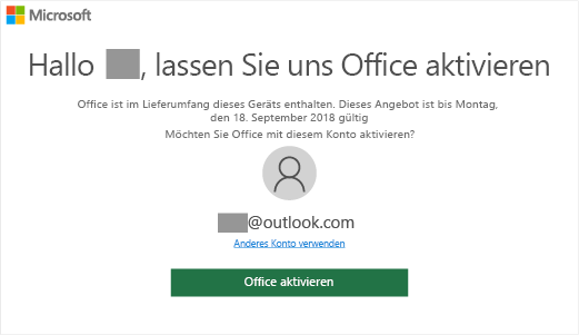 Zeigt den Bildschirm "Office aktivieren" an, der angibt, dass dieses Gerät Office enthält