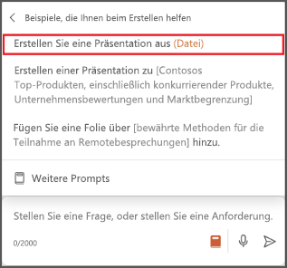 Screenshot des Eingabeaufforderungsmenüs "Copilot in PowerPoint" mit hervorgehobener Option "Präsentation aus Datei erstellen"