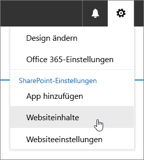 Menü "Einstellungen", "Websiteinhalt" hervorgehoben