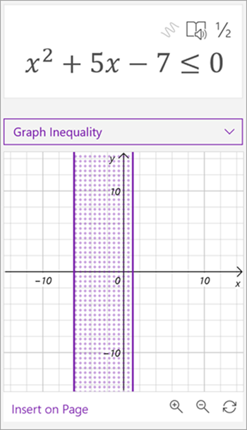 Screenshot des generierten Graphen des Mathe-Assistenten für die Ungleichheit x quadratisch plus 5x – 7 ist kleiner oder gleich 0. Ein schattierter Bereich zwischen zwei vertikalen Linien wird im Diagramm angezeigt.
