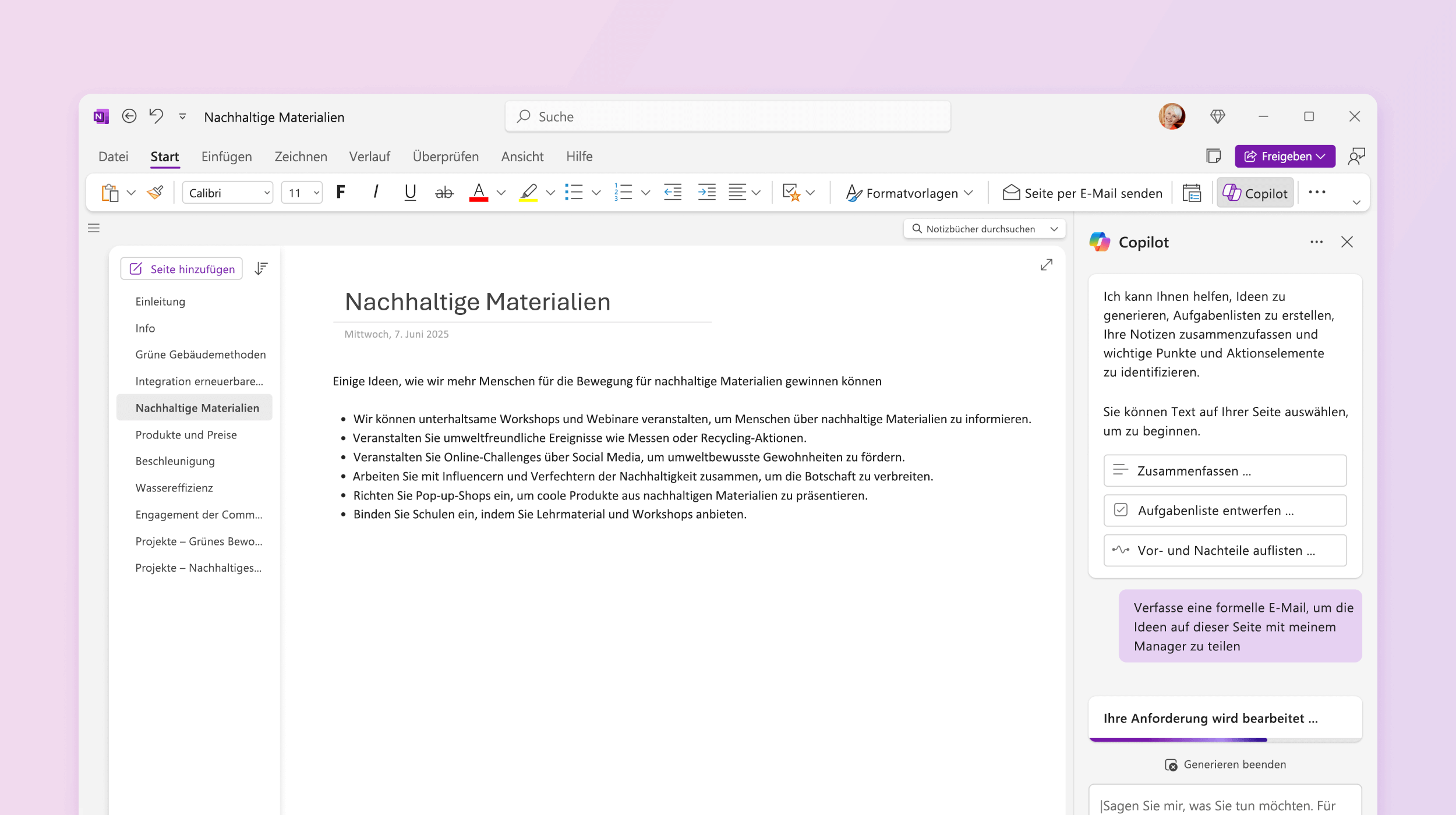 Screenshot: Copilot in OneNote beim Entwerfen eines Plans.