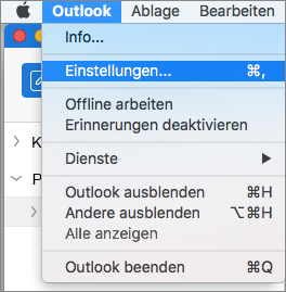 Outlook-Menü mit "Einstellungen" hervorgehoben